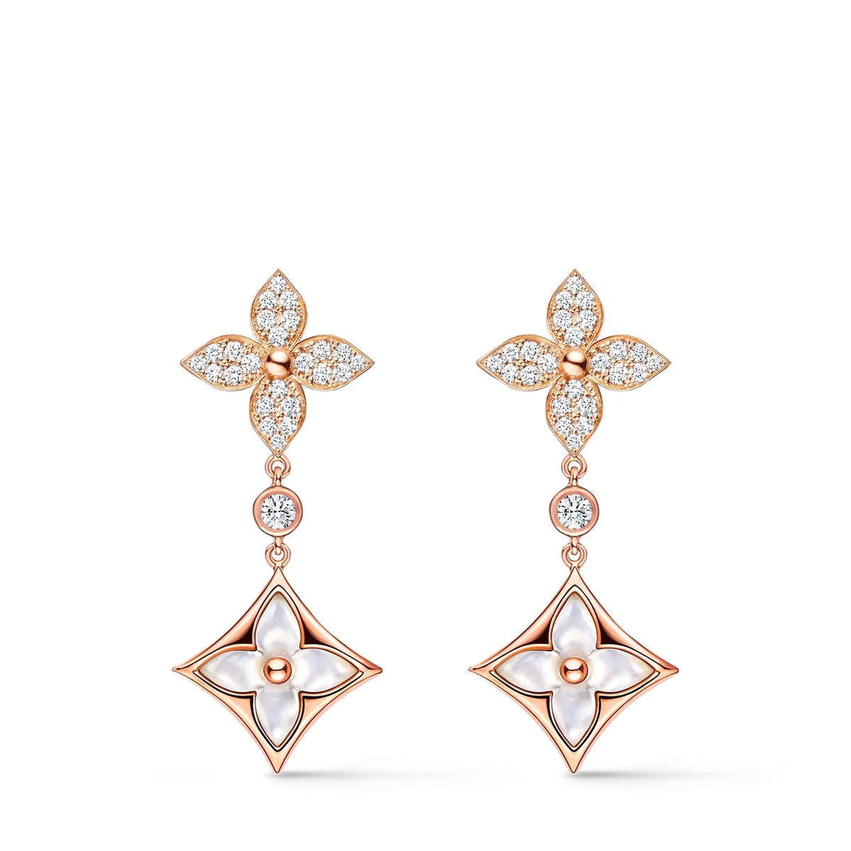 Color Blossom M Star Multi-Motif Earrings, Pink Gold, White Mother-of-Pearl and Diamonds