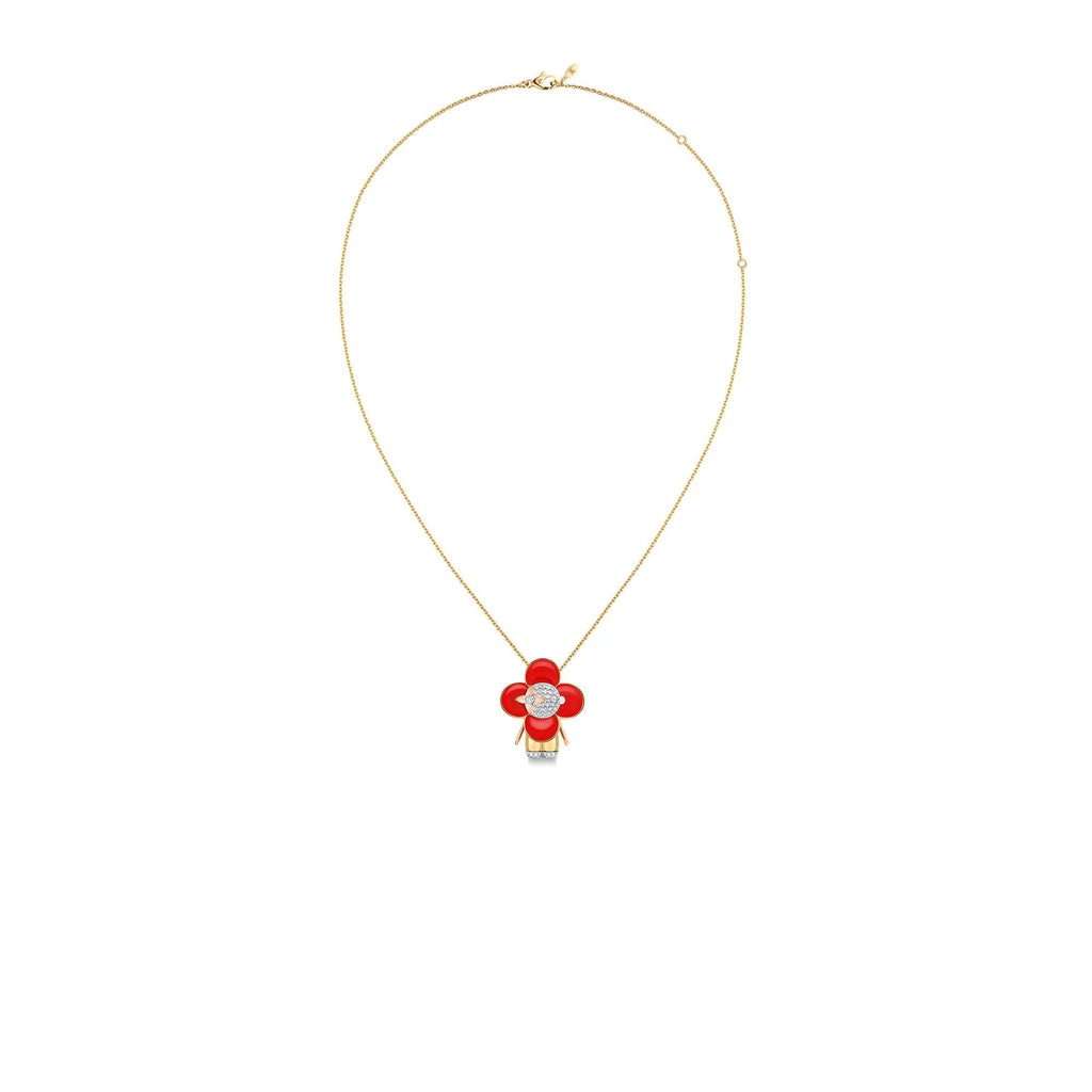 Vivienne pendant, 3 golds, red lacquer & diamonds