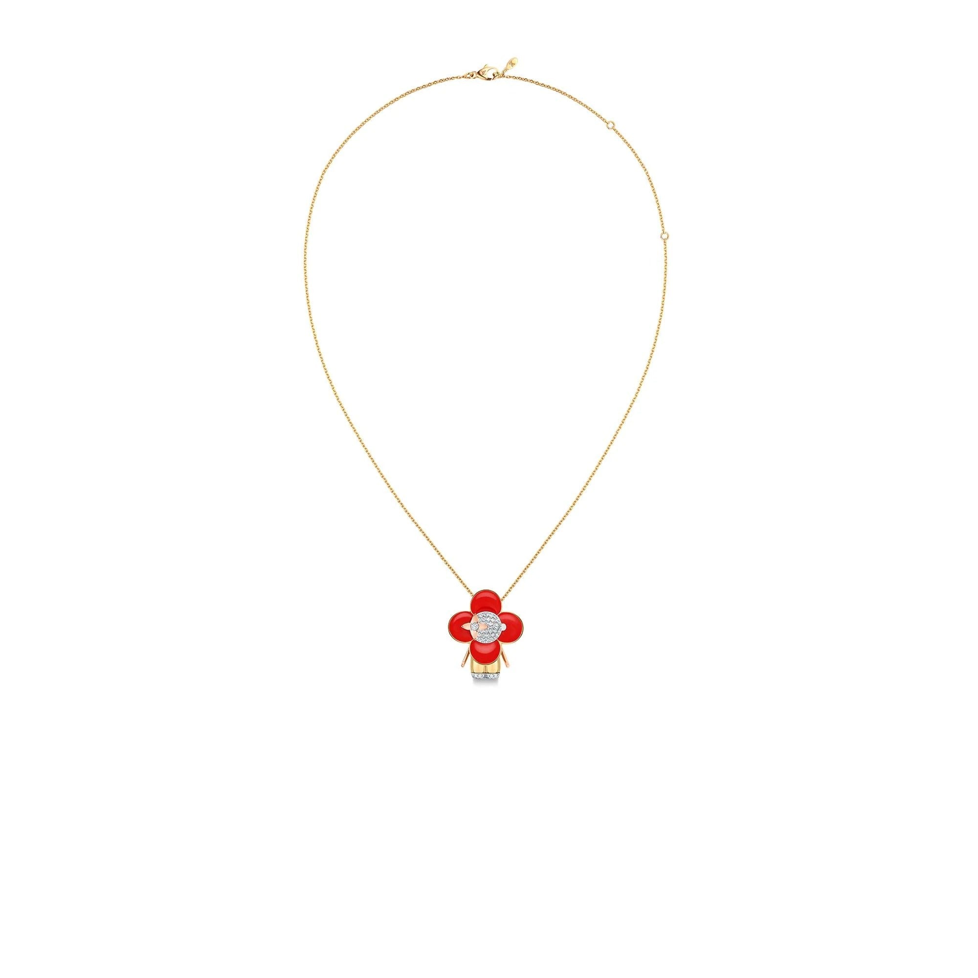 Vivienne pendant, 3 golds, red lacquer & diamonds