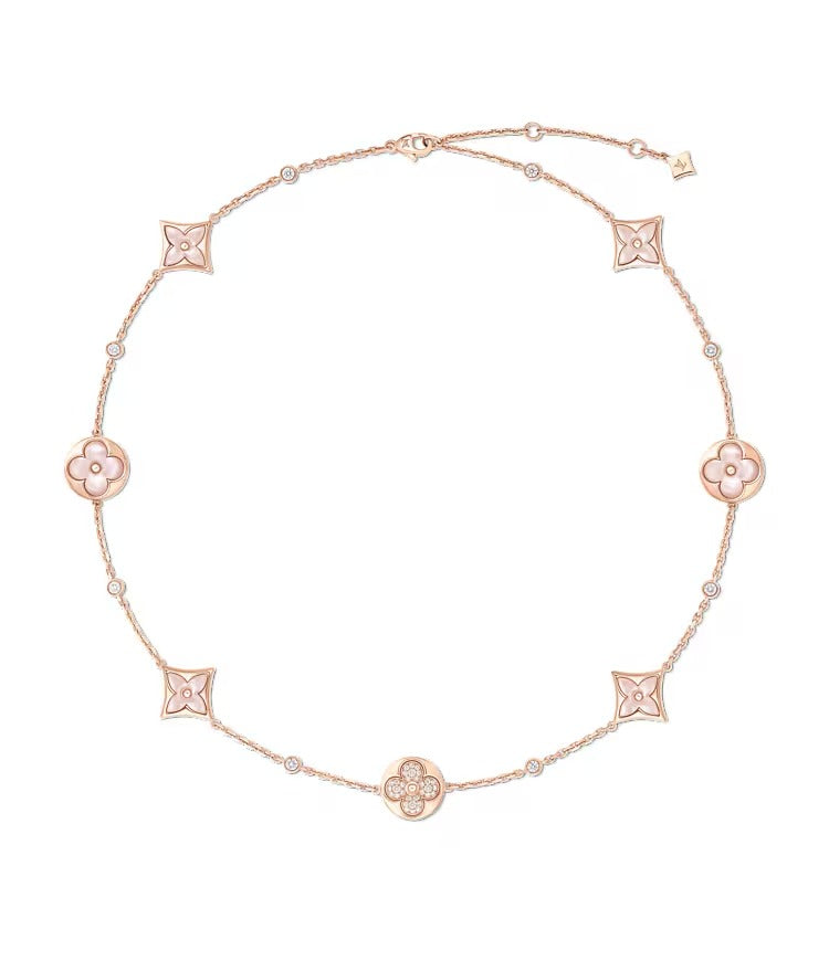 Color Blossom BB Multi-Motif Short Necklace, Pink Gold, Pink Mother-of-Pearl and Diamonds