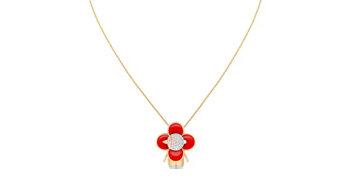 Vivienne pendant, 3 golds, red lacquer & diamonds