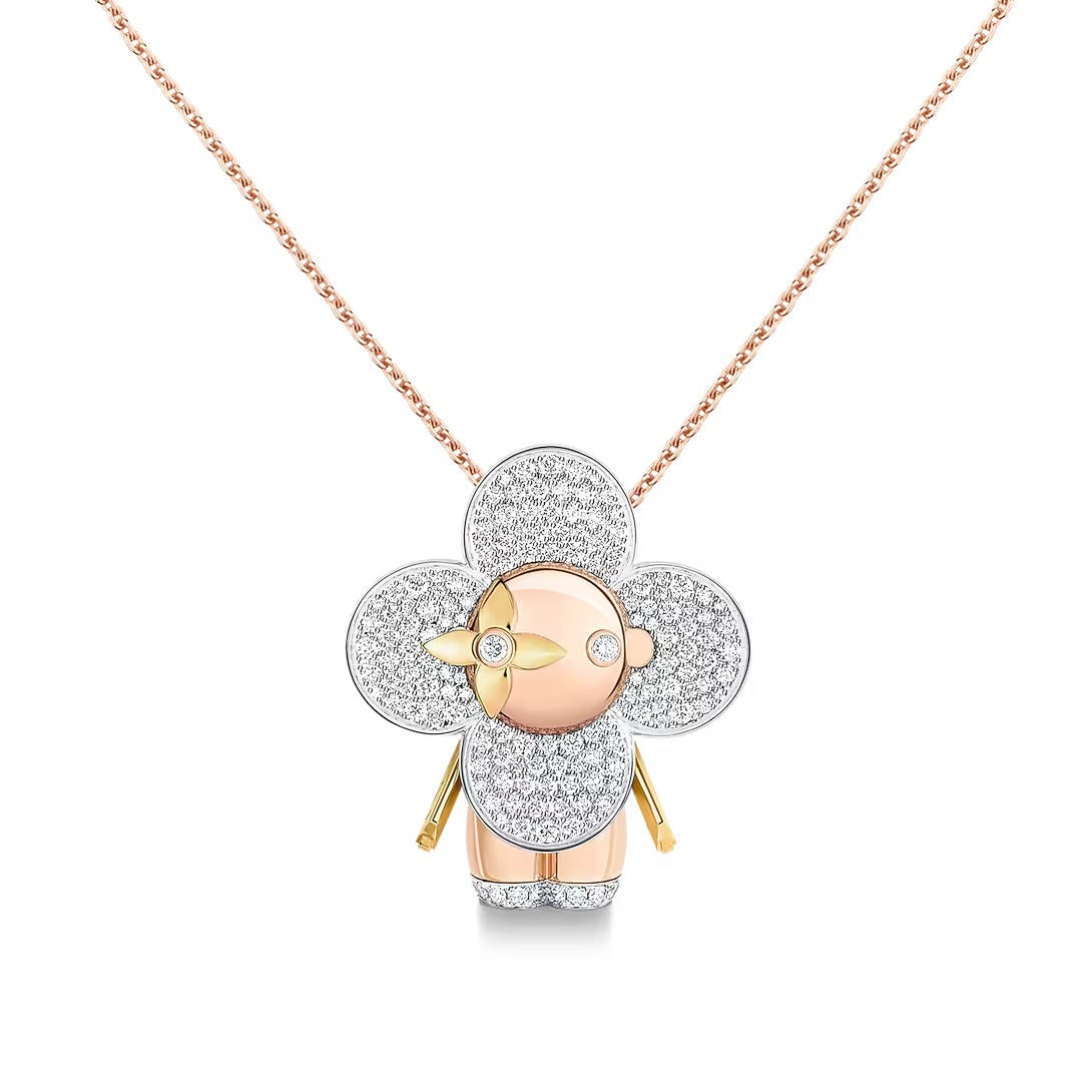 Vivienne large pendant, 3 golds & diamonds pavage
