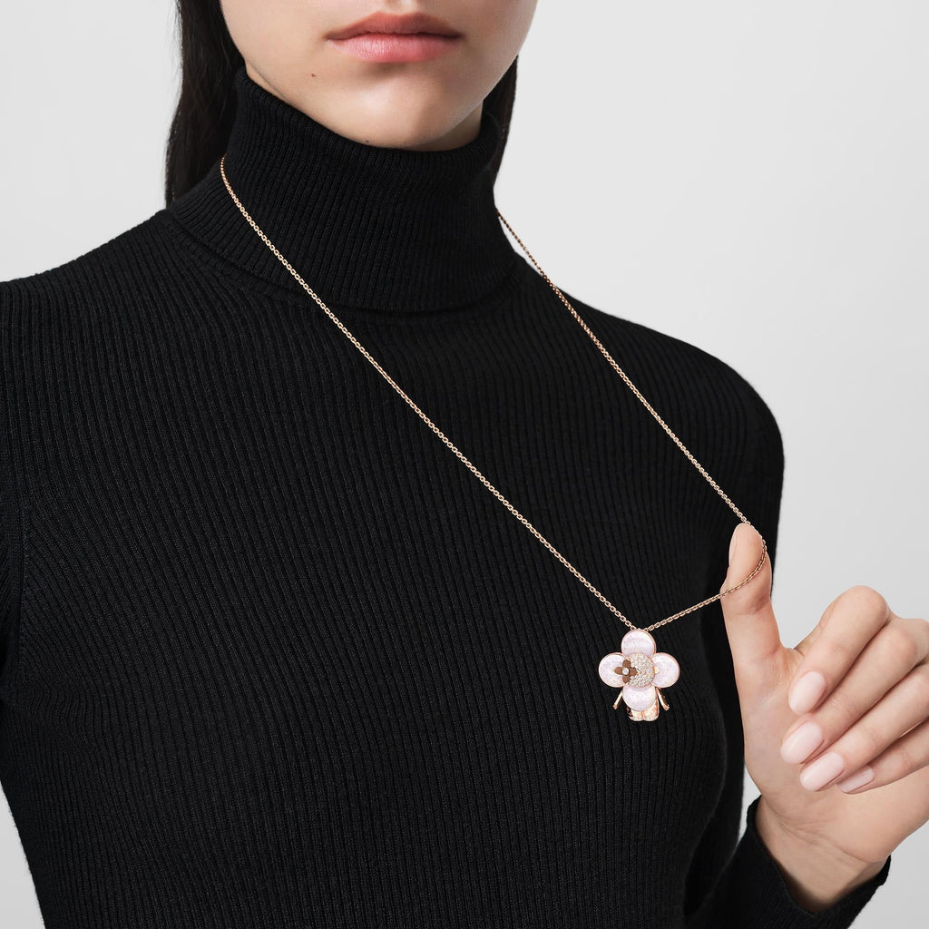 Vivienne Monogram Pendant, Pink Gold, Mother-Of-Pearl, Wood & Diamonds