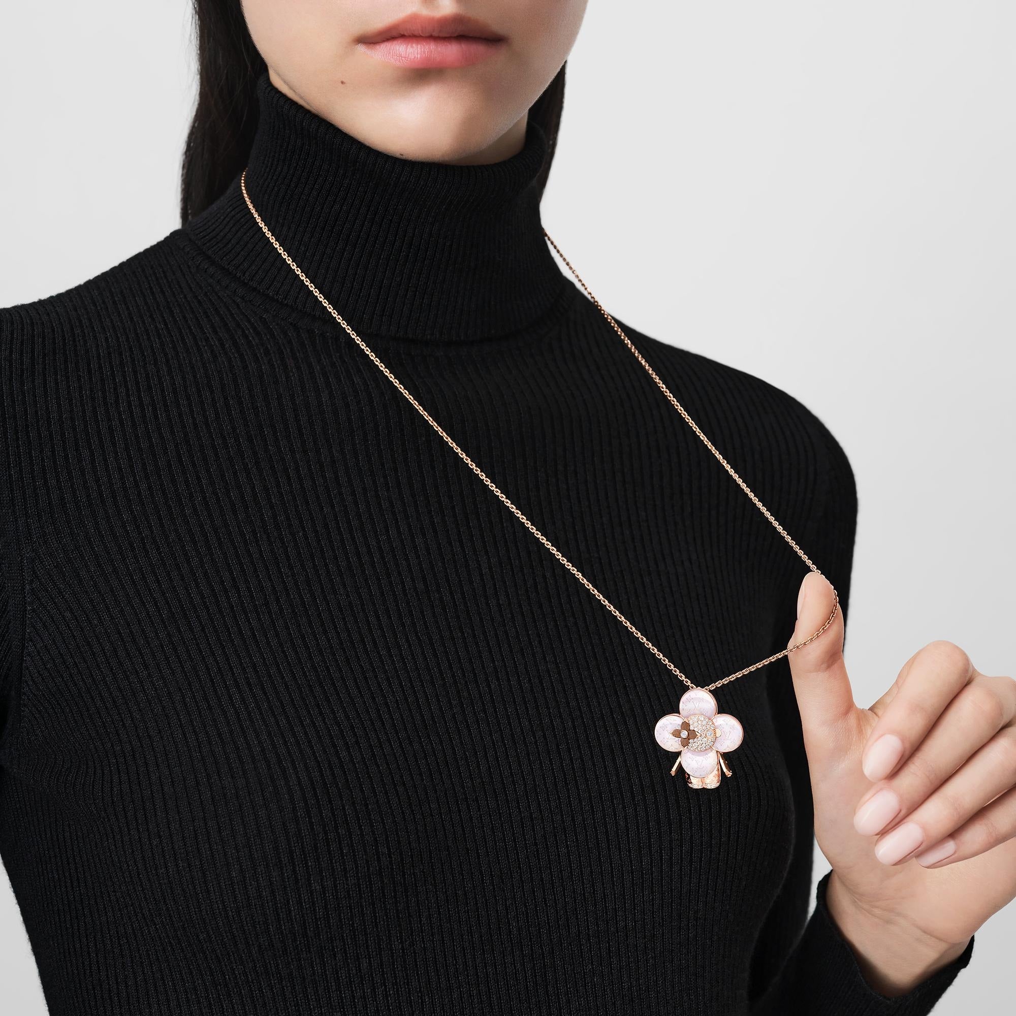 Vivienne Monogram Pendant, Pink Gold, Mother-Of-Pearl, Wood & Diamonds