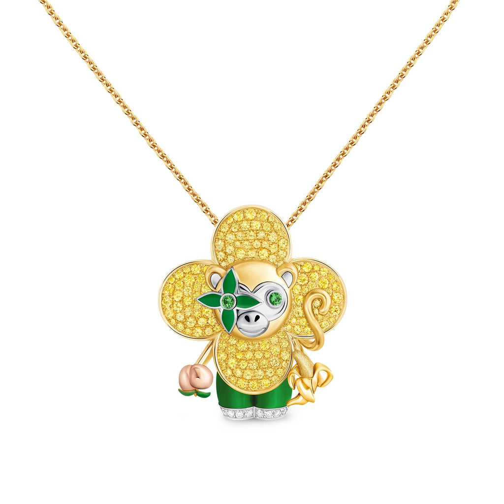 Vivienne Monkey Pendant, 3 Golds, Lacquer, Diamonds & Colored Gemstones