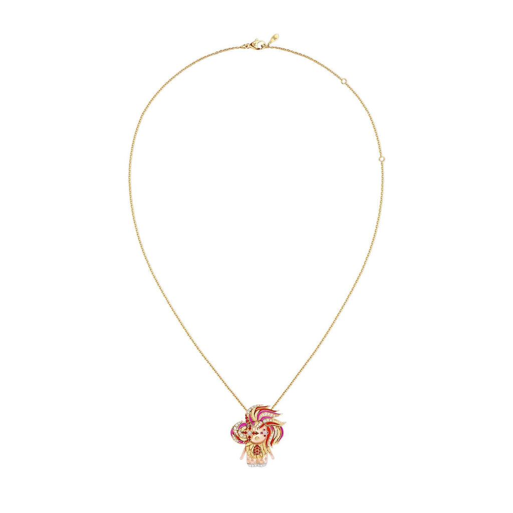 Vivienne Rooster Pendant, 3 Golds, Lacquer, Diamonds & Colored Gemstones
