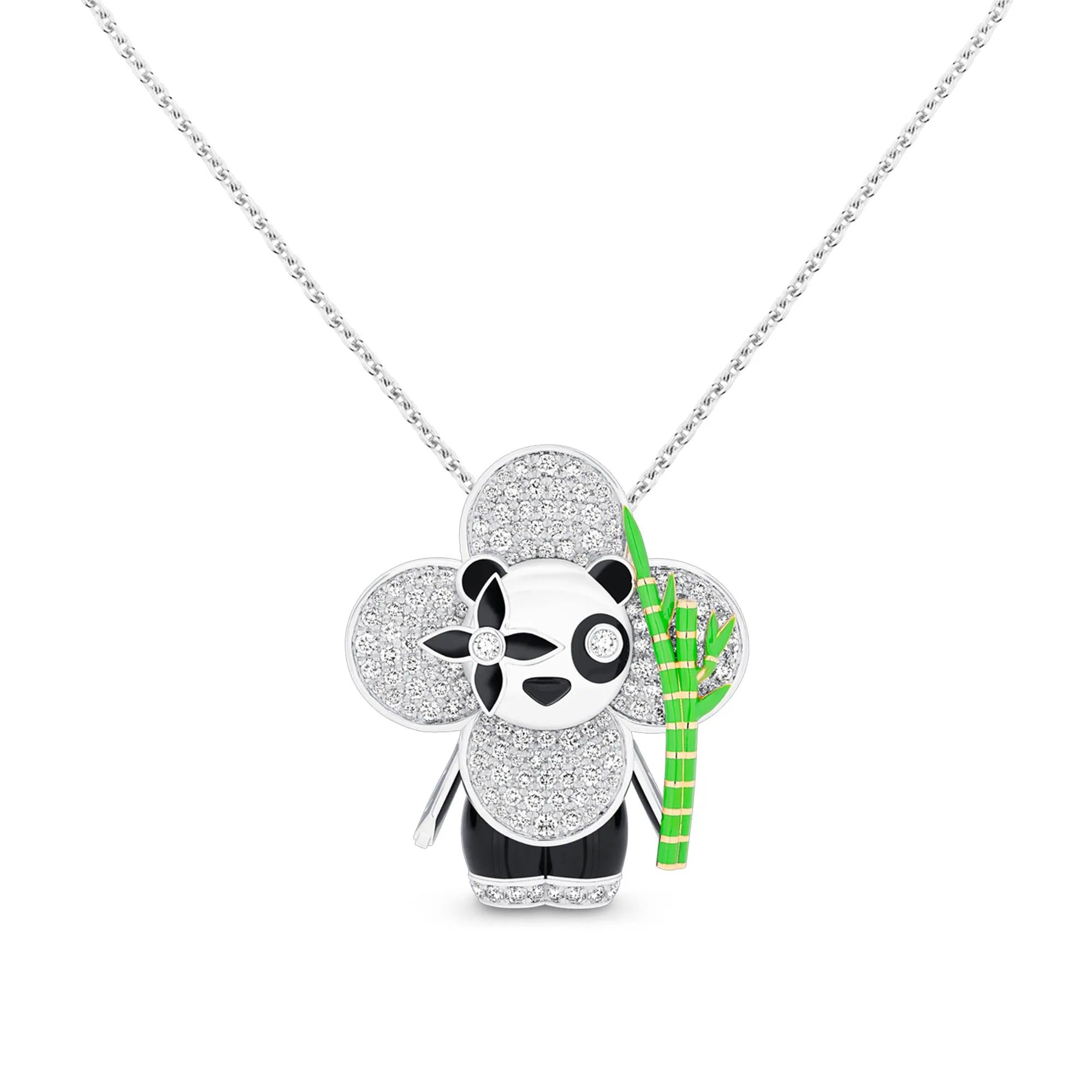 Vivienne Panda Pendant, White Gold, Yellow Gold, Onyx, Lacquer & Diamonds