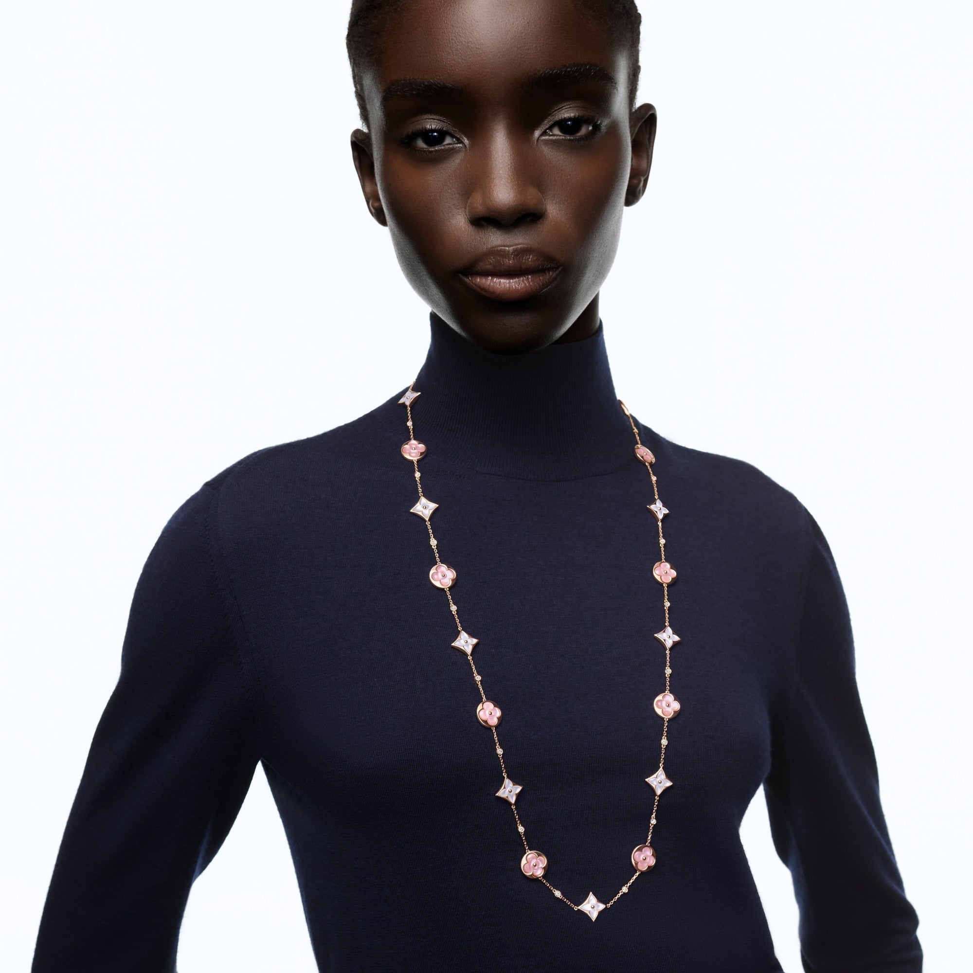 Color Blossom M Multi-Motif Long Necklace, Pink Gold, White and Pink Mother-of-Pearl and Diamonds