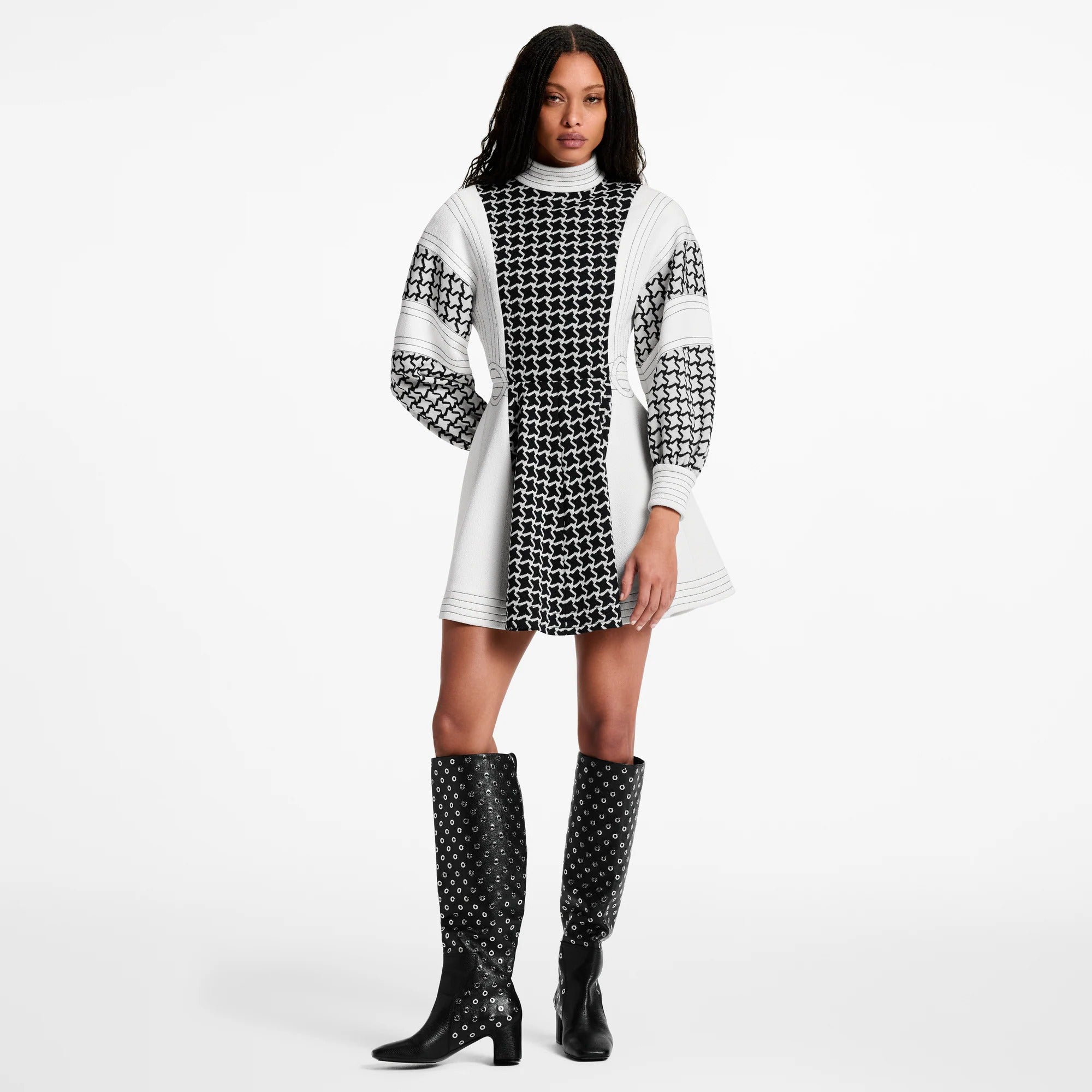 Honeycomb Jacquard Balloon Sleeve Dress