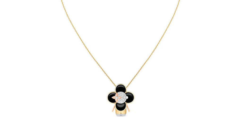 Vivienne pendant, 3 golds, black lacquer & diamonds