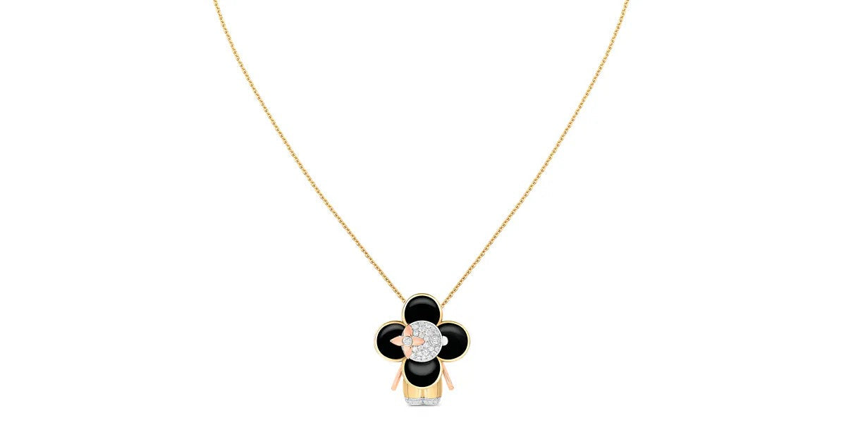 Vivienne pendant, 3 golds, black lacquer & diamonds