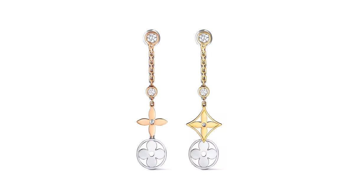 Blossom long earrings, 3 golds and diamonds