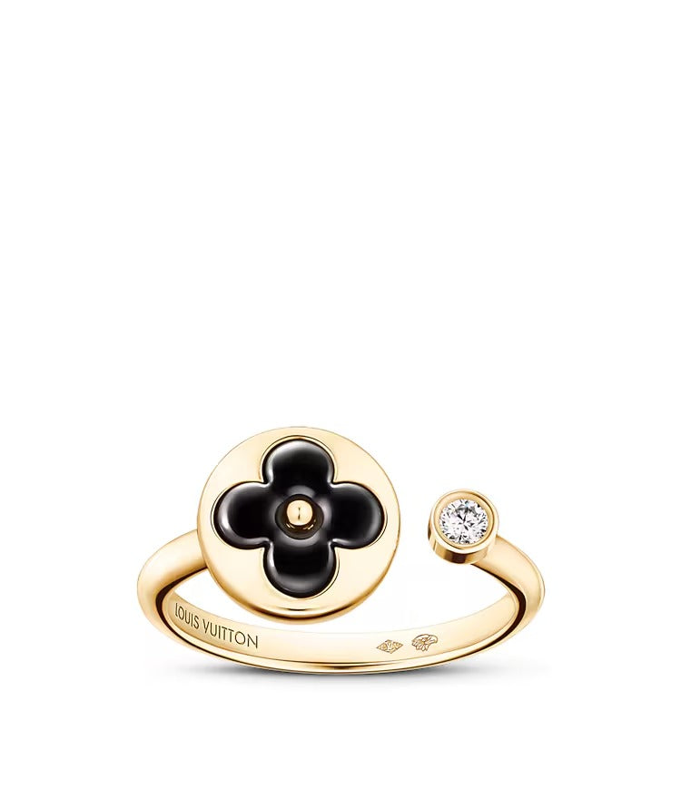Color Blossom Mini Sun Ring, Yellow Gold, Onyx and Diamond