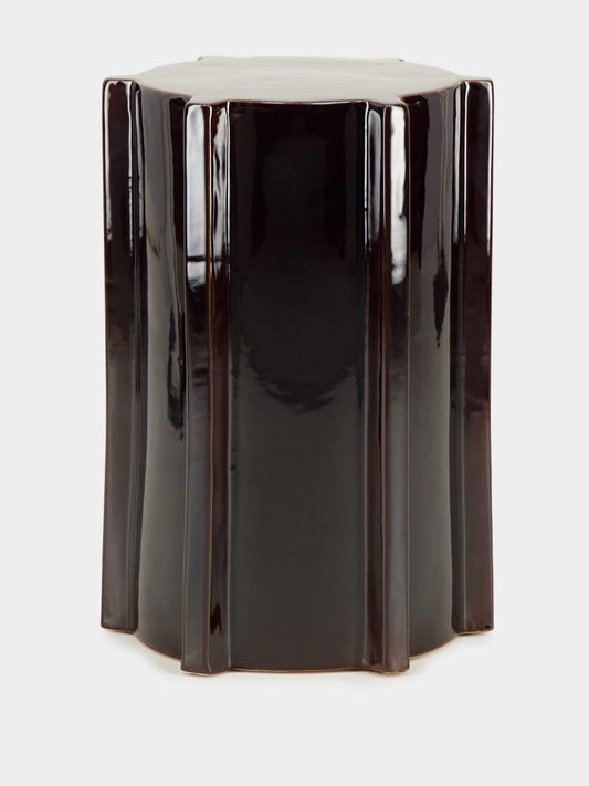 Tablua Dark Brown Glazed Stoneware Side Table with Vertical Ridges