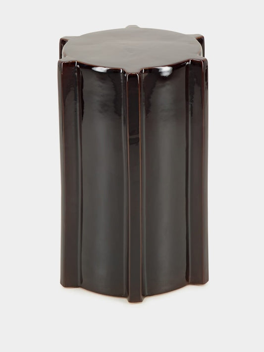 Tablua Dark Brown Glazed Stoneware Side Table with Vertical Ridges