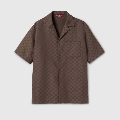 GG canvas linen blend bowling shirt - brown