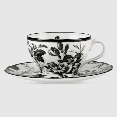 Herbarium teacup and saucer, set of two - black and white porcelain