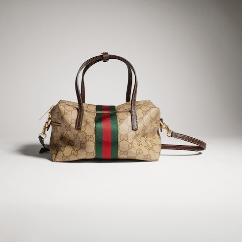 Mini boston bag with Web - sand and brown GG canvas