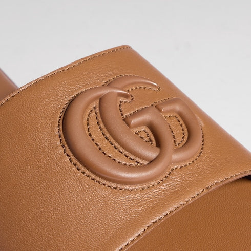 Women's slide sandal with Double G - brown leather