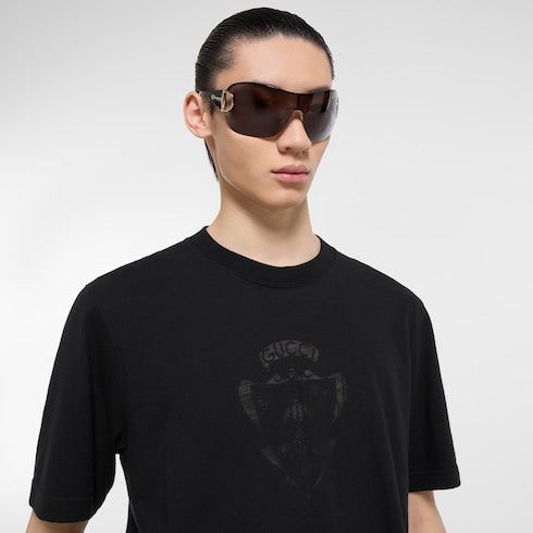 Cotton jersey T-shirt with devoré detail - black