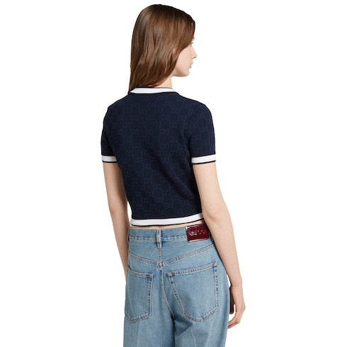 GG fine cotton jacquard top - navy and white