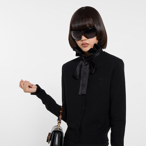 Knit wool cardigan with embroidery - black