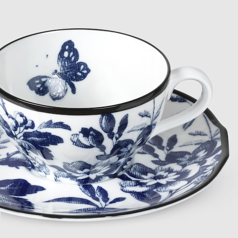 Herbarium teacup and saucer, set of two - blue and white porcelain