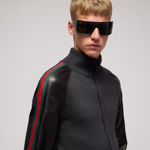 Fine rib wool zip jacket with Web - black