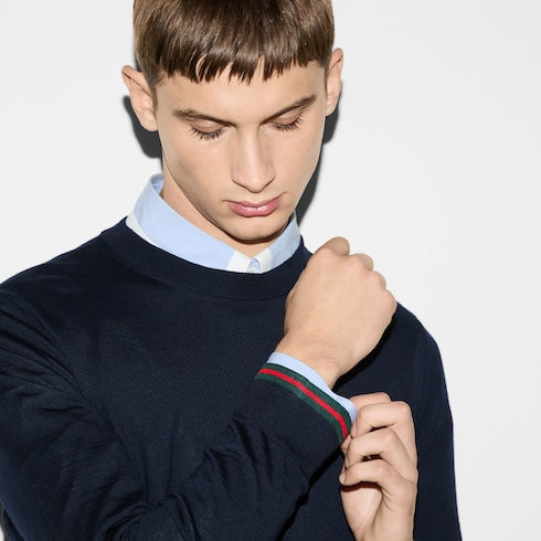 Wool knit sweater with Web - dark blue