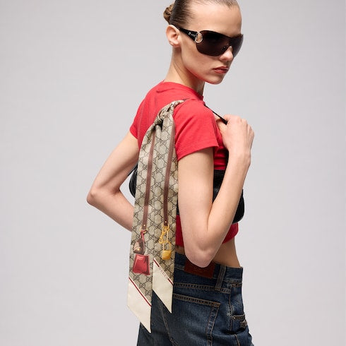 Printed silk twill ribbon - beige and ebony GG