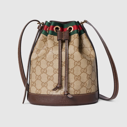 Mini bucket bag with Web - sand and brown GG canvas