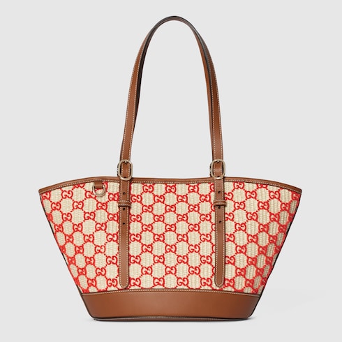 Woven small tote bag - natural and red fabric