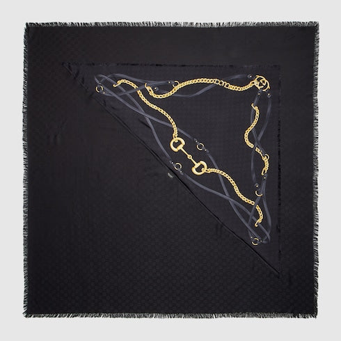 GG wool silk jacquard cape - black