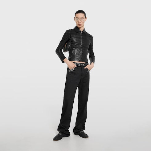 Cotton denim pants with Horsebit detail - black