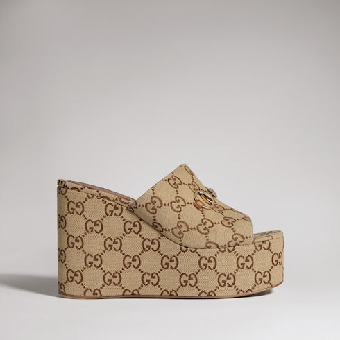 Women's wedge sandal with Horsebit - beige and dark brown GG canvas