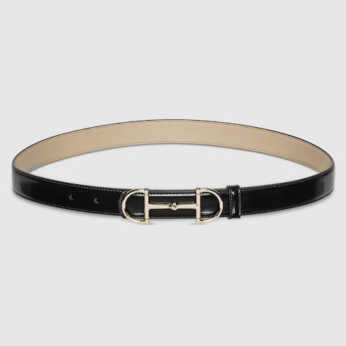 Reversible thin belt with Horsebit - black and beige leather
