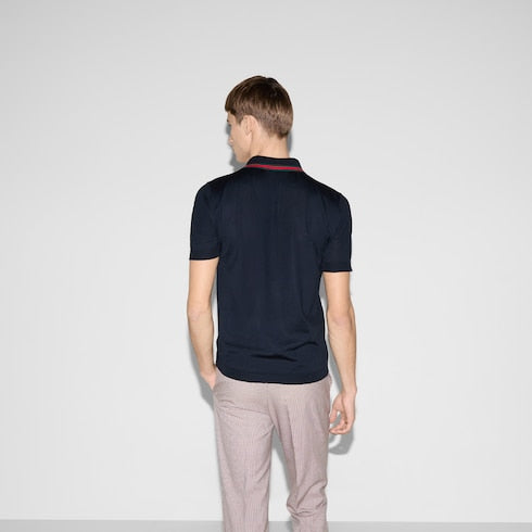 Wool knit polo shirt with Web - dark blue