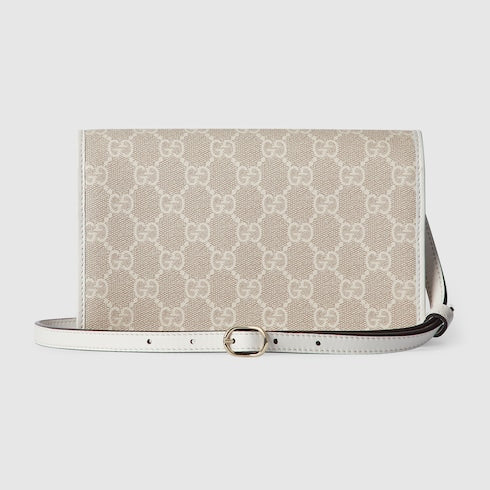 GG Emblem wallet with leather strap - beige and white fabric