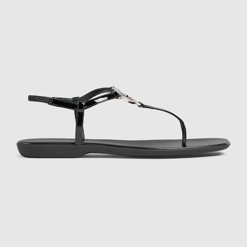 Women's thong sandal with Interlocking G - black patent leather