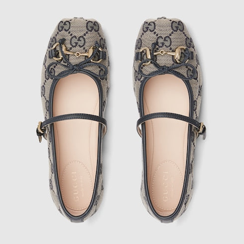Children's ballet flat with Horsebit - beige and blue GG canvas