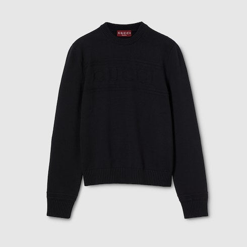 Knit cotton wool sweater with intarsia - black