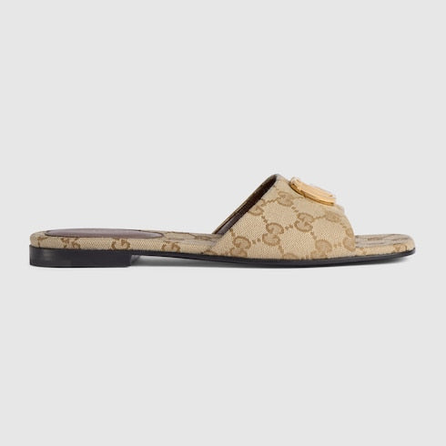 Women's slide sandal with Double G - sand and brown GG canvas