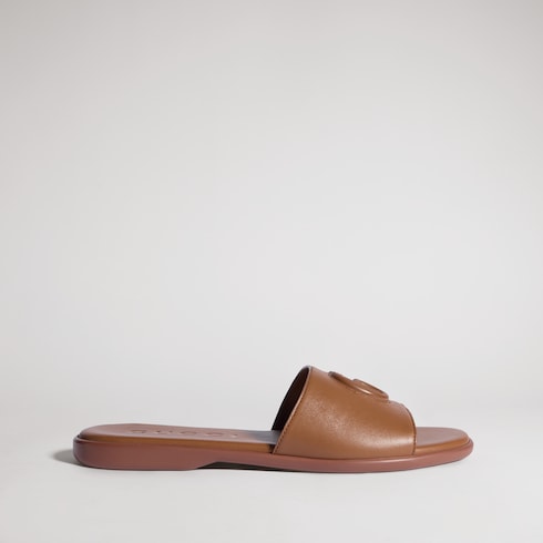 Women's slide sandal with Double G - brown leather