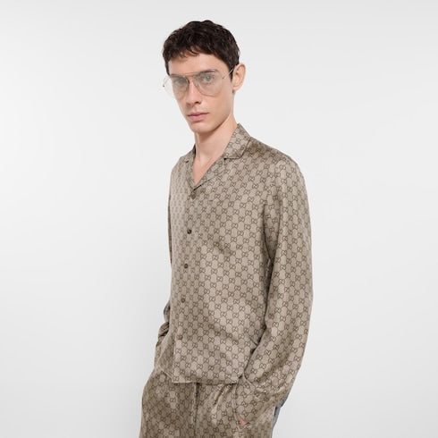 Printed silk twill bowling shirt - beige and dark brown