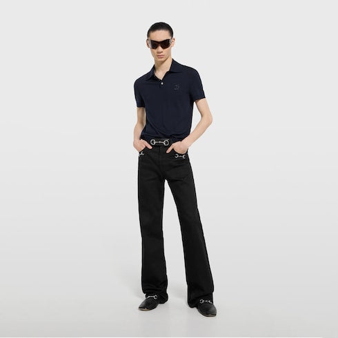 Knit wool polo shirt with embroidery - dark blue