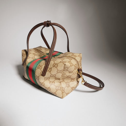 Mini boston bag with Web - sand and brown GG canvas