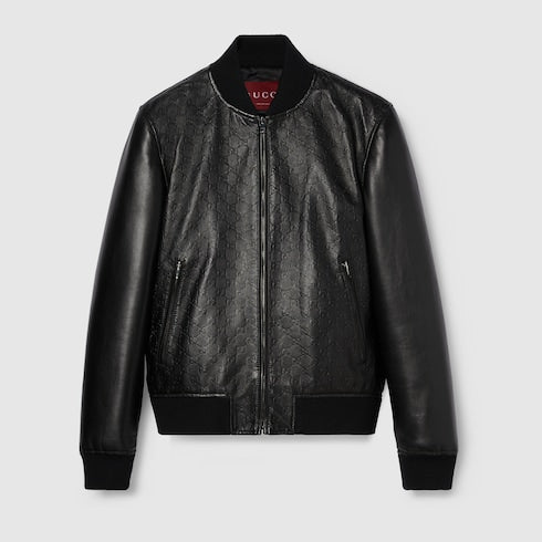 Embossed GG leather bomber jacket - black