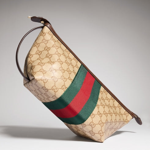 Small GG toiletry case with Web - sand and brown GG canvas