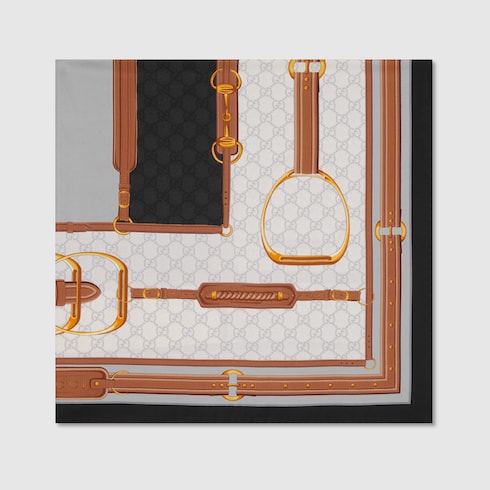 Printed silk twill carré - grey and ivory