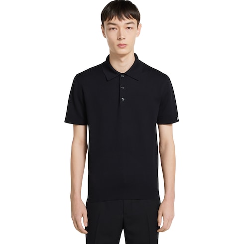 Silk cotton knit polo shirt - navy